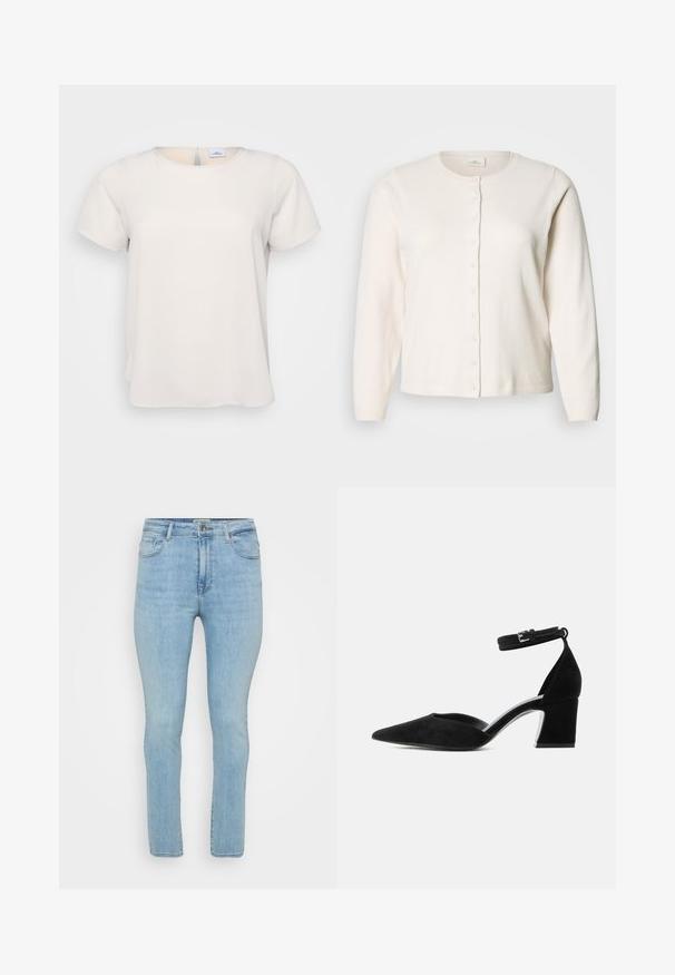Lysebeige cardigan, strikket stof, rund halsudskæring, lange ærmer, knaplukning foran med seks matchende knapper, glat tekstur.; Kortærmet, rundhalset top i lys beige stof med en glat tekstur; har en nøglehulsdetalje på ryggen og en afslappet pasform.; Lyseblå denimjeans med slim fit, der har fem lommer, bæltestropper og en standard lynlås med knaplukning.; Sort ruskind damestøvle med spids tå, blokhæle og ankelrem med sølvspænde, set fra siden på hvid baggrund.