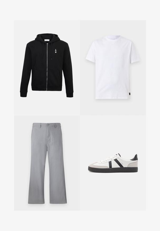 Sort hættejakke med lynlås lavet af blødt stof, med frontlomme, snøre i hætten og et lille hvidt spar emblem på venstre bryst.; Simpel hvid T-shirt med korte ærmer og rund halsudskæring med en lille sort vaskeanvisningslabel nederst i sømmen på en lysegrå baggrund.; Grå brede bukser lavet af blødt stof, med knaplukning foran, bæltestropper og et enkelt design uden synlige mønstre eller accenter.; Hvide sneakers med sorte og grå detaljer, med en tekstureret grå tåhætte, sort gummisål og flade hvide snørebånd. Rent design, minimalistisk stil.