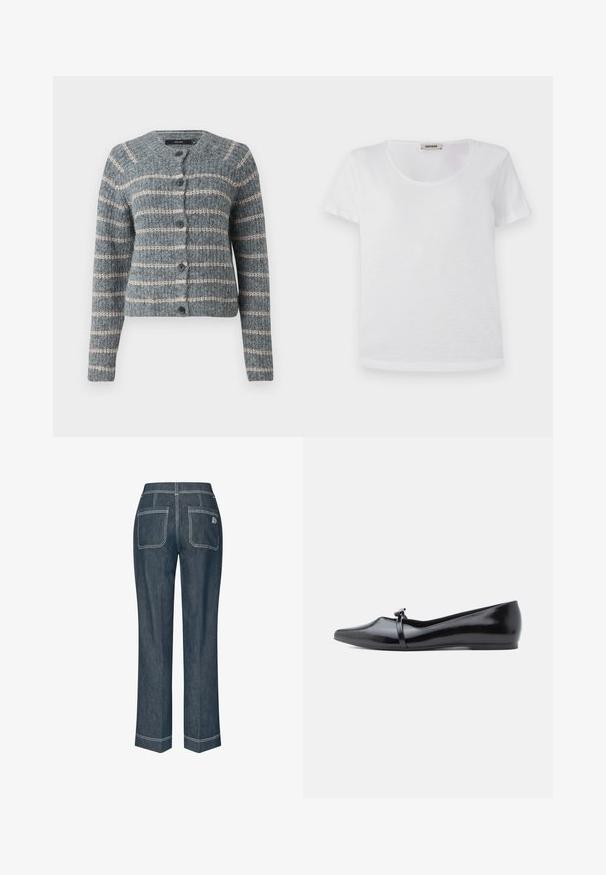 Cardigan rayé en mélange de laine gris et beige, avec un col rond, cinq boutons et un motif de tricot texturé. Manches longues.; T-shirt blanc à manches courtes en tissu doux, avec un col rond et un ourlet droit sans motifs ni accents visibles.; Jean en denim bleu foncé avec une coupe droite, comportant deux poches arrière et des coutures blanches contrastantes sur l'ourlet et les coutures.; Ballerine en cuir verni noir avec bout pointu, bride décorative et texture lisse. Design minimaliste sans accents visibles.