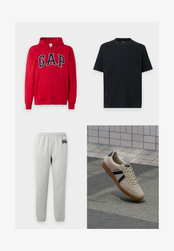 Rode rits-hoodie gemaakt van katoen, met een opvallend marineblauw "GAP" logo over de borst, voorzien van een capuchon en frontzakken.; Zwart T-shirt met korte mouwen en een ronde hals, gemaakt van zacht katoen. Eenvoudig ontwerp zonder patronen of versieringen.; Grijze sweats met een elastische tailleband, cuffed enkels, en een marineblauwe "GAP" logo op de linker boven dij. Zachte, katoenen stofmix.; Beige sneaker met een textuurafwerking, marineblauwe strepen en een rubberen zool. Heeft een gevoerde tong en een traditioneel vetersysteem voor een veilige pasvorm.