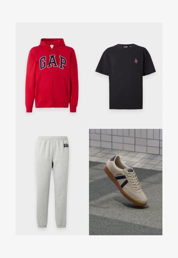 Rode rits-hoodie gemaakt van katoen, met een opvallend marineblauw "GAP" logo over de borst, voorzien van een capuchon en frontzakken.; Zwarte katoenen t-shirt met een ontspannen pasvorm, voorzien van een geborduurd ontwerp van kersen op de linkerkant van de borst. Korte mouwen en ronde halslijn.; Grijze sweats met een elastische tailleband, cuffed enkels, en een marineblauwe "GAP" logo op de linker boven dij. Zachte, katoenen stofmix.; Beige sneaker met een textuurafwerking, marineblauwe strepen en een rubberen zool. Heeft een gevoerde tong en een traditioneel vetersysteem voor een veilige pasvorm.