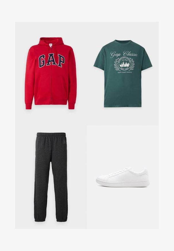 Un sweat à capuche rouge zippé en coton, comportant un grand logo "GAP" bleu marine sur la poitrine, avec une capuche et des poches avant.; T-shirt vert à manches courtes avec texte blanc "Gap Classic" et logo de la silhouette de New York entouré de feuilles de laurier et texte "East Coast League".; Pantalon de survêtement gris en tissu doux, doté d'une taille élastique et de jambes fuselées avec des poignets élastiques. Détail de logo discret sur une jambe.; Baskets blanches basses à lacets, tige en cuir lisse et semelle épaisse en caoutchouc, vues de profil sur un fond uni.