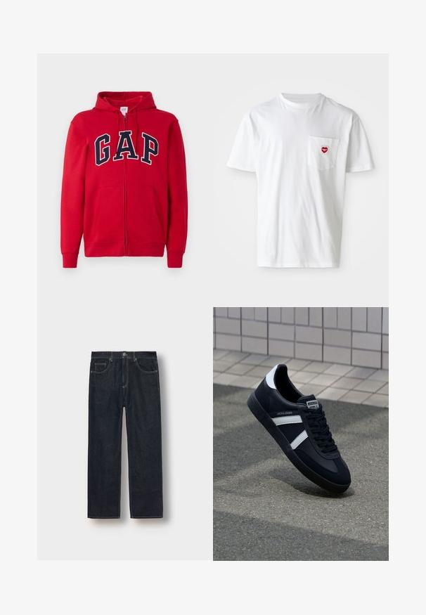 Rode rits-hoodie gemaakt van katoen, met een opvallend marineblauw "GAP" logo over de borst, voorzien van een capuchon en frontzakken.; Witte katoenen T-shirt met een ronde hals en korte mouwen. Bevat een klein rood hartlogo op de linkerkant van de borstzak.; Donkerblauwe straight-leg jeans van denimstof, met riemlussen, voorkanten en contrasterende stiksels. Minimalistisch ontwerp zonder versieringen.; Zwarte leren sneaker met witte strepen, een gestructureerde rubberen zool en vetersluiting aan de voorkant. Voorzien van een merklabel op de tong.