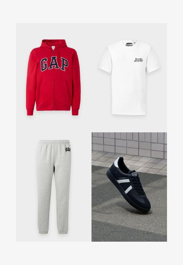 Roten Reißverschluss-Hoodie aus Baumwolle mit einem auffälligen marineblauen "GAP"-Logo auf der Brust, Kapuze und Fronttaschen.; Weißes T-Shirt mit kurzer Ärmeln und Rundhalsausschnitt, mit kleinem schwarzen "Pepsi-Cola"-Logo auf der linken Brust und markiertem Halsband.; Graue Jogginghose mit elastischem Bund, abgeklebten Knöcheln und einem dunkelblauen "GAP"-Logo auf dem linken Oberschenkel. Weicher Baumwollmischstoff.; Schwarze Leder-Sneaker mit weißen Streifen, strukturiertem Gummisohle und Schnürung. Verfügt über ein Markenetikett auf der Zunge.