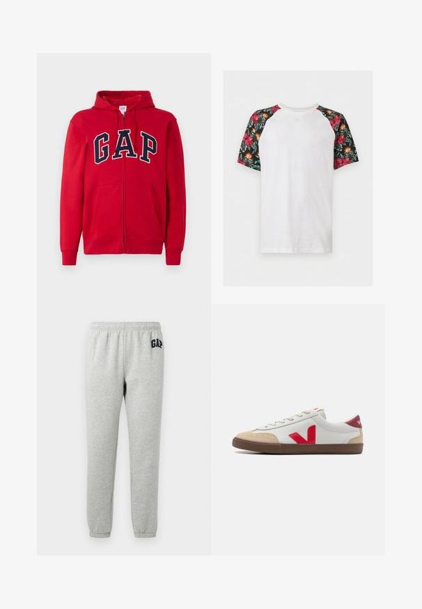 Un sweat à capuche rouge zippé en coton, comportant un grand logo "GAP" bleu marine sur la poitrine, avec une capuche et des poches avant.; T-shirt blanc à manches courtes avec manches raglan noires présentant des motifs floraux tropicaux rouges et orange.; Pantalons de survêtement gris avec une taille élastique, des chevilles resserrées et un logo "GAP" bleu marine sur la cuisse supérieure gauche. Tissu doux en mélange de coton.; Baskets en cuir blanc avec logo V rouge, capuchon en suède beige et semelle en caoutchouc marron. Présente un design classique à lacets et un col rembourré.