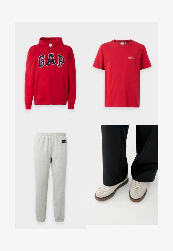 Roten Reißverschluss-Hoodie aus Baumwolle mit einem auffälligen marineblauen "GAP"-Logo auf der Brust, Kapuze und Fronttaschen.; Pepe Jeans THIAGO TEE - T-Shirt print - rugby red; Graue Jogginghose mit elastischem Bund, abgeklebten Knöcheln und einem dunkelblauen "GAP"-Logo auf dem linken Oberschenkel. Weicher Baumwollmischstoff.; Füße mit beigen Sneakers mit braunen Sohlen und schwarzen Hosen mit weitem Bein auf weißem Hintergrund.