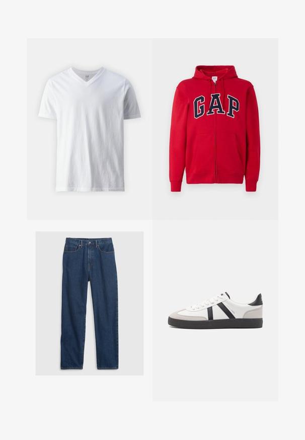 Roten Reißverschluss-Hoodie aus Baumwolle mit einem auffälligen marineblauen "GAP"-Logo auf der Brust, Kapuze und Fronttaschen.; Kurzärmliges, V-Ausschnitt T-Shirt aus Baumwolle in Weiß. Hat ein einfaches Design mit glatter Textur und lockerer Passform.; Dunkelblaue Jeans aus Denim im geraden Schnitt, mit Fünf-Taschen-Design, Knopfverschluss und Kupfernieten.; Weiße Sneaker mit schwarz- und grau-aczenten, ausgestattet mit einer strukturierten grauen Zehenkappe, schwarzer Gummi-Sohle und flachen weißen Schnürsenkeln. Sauberes Design, minimalistische Stil.