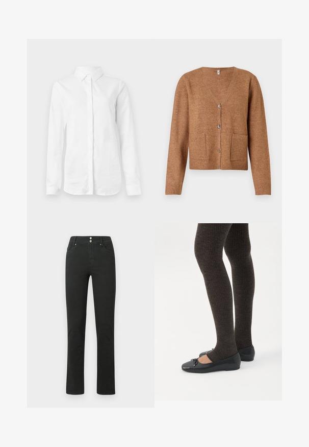 Brun strikket cardigan med V-hals, knaplukning foran, to forlommer med ribbet detalj og ribbede manchetter. Blød tekstur og afslappet pasform.; Hvid langærmet skjorte lavet af glat bomuld. Har en klassisk krave og en knaplukning fortil med en lige kant uden mønstre.; Sorte denim jeans med en tætsiddende design, der har to forlommer, to baglommer og en dobbeltknaplukning i taljen.; Ben iført mørke ribbede leggings kombineret med sorte balletsko med små sløjfedetaljer på hvid baggrund.