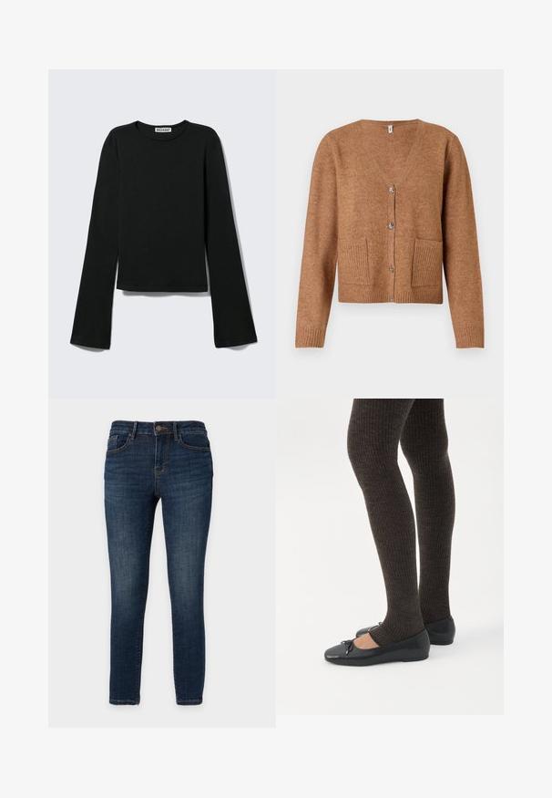 Brown knit cardigan with a V-neck, button front, two front pockets with ribbed detailing, and ribbed cuffs. Soft texture and relaxed fit.; Black long-sleeve crewneck shirt with a fitted silhouette and slightly flared sleeves, labeled with "Weekday" brand tag at the neckline.; Dark blue skinny jeans with a button and zip closure, five pockets, and slight fading on the front, displayed against a plain background.; Legs wearing dark ribbed leggings paired with black ballet flats featuring small bow details on a white background.