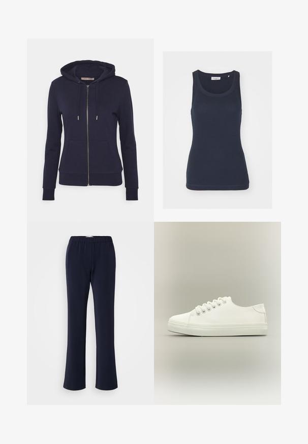 Anna Field by Zalando Sweater met rits - dark blue; Marineblauw tanktop van katoen, met een ronde halslijn, smalle schouderbandjes en een gladde, aansluitende textuur met gestikte randen.; Marineblauwe, rechte broek van rekbare stof met elastische tailleband en twee voorzakken. Soepele textuur, zonder zichtbare patronen.; Witte lage sneaker met witte veters en rubberen zool, zijaanzicht op een neutrale achtergrond.