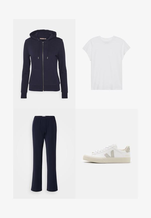 Anna Field by Zalando Mikina so zipsom - dark blue; Biela krátka rukávová tričko s okrúhlym výstrihom, voľný strih, vyrobené z jemnej bavlnenej látky. Hladká textúra, bez vzorov alebo log.; Tmavomodré nohavice rovného strihu z elastickej látky s elastickým pásom a dvoma prednými vreckami. Hladká textúra, bez viditeľných vzorov.; Biele tenisky vyrobené z kože s šedými akcentmi vo forme V loga, textúrovaná gumová podrážka, biele šnúrky a polstrovaný jazyk a golier.