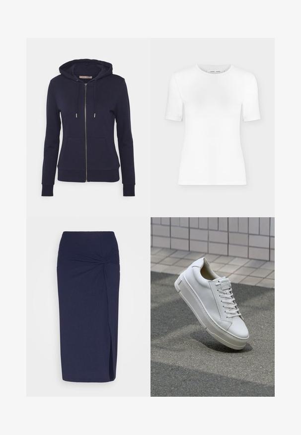 Anna Field by Zalando Mikina so zipsom - dark blue; Biele tričko s krátkym rukávom a okrúhlym výstrihom, úzkym strihom a rebrovanou textúrou látky, zobrazené na jednoduchom svetlosivom pozadí.; Anna Field by Zalando Puzdrová sukňa - dark blue; Biele kožené tenisky s nízkym strihom, plochými šnúrkami, zaoblenou špicou a textúrovanými stranami. Hrubá gumová podrážka s jemnými akcentmi.