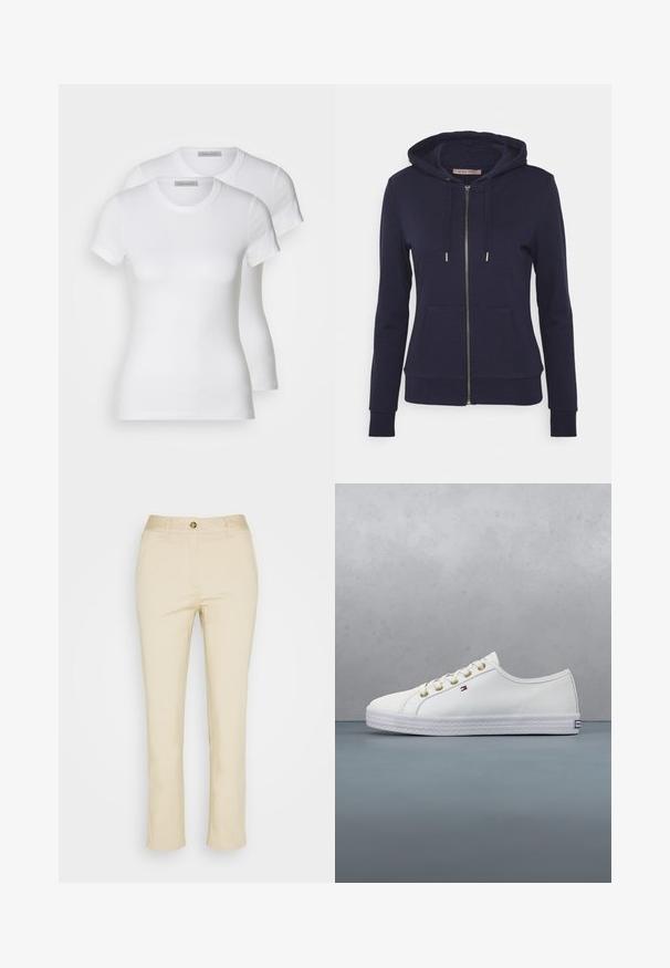 Anna Field Sweatjacke - dark blue; Zwei weiße Baumwoll-T-Shirts mit kurzen Ärmeln, Rundhalsausschnitten und einer engen Passform, die eine glatte Textur und ein minimalistisches Design aufweisen.; Beige Baumwollhose mit geradem Bein, ausgestattet mit einem Frontknopfverschluss und Seitentaschen. Sanfte Textur und minimalistische Gestaltung.; Weißes Leinensneaker mit goldenen Ösen, flachen Schnürsenkeln, strukturiertem Gummisohle und minimalem Branding an der Seite. Niedriges Profil.