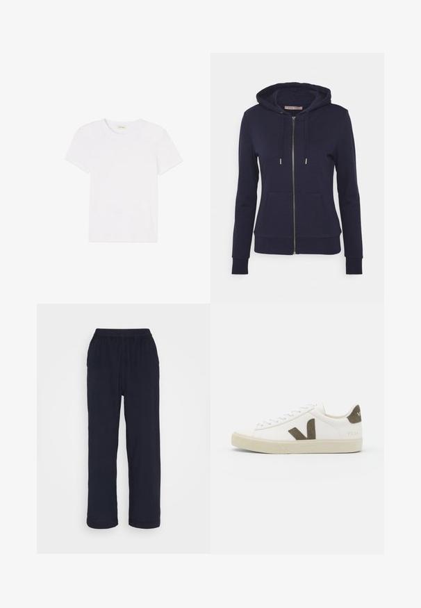 Anna Field Sudadera con cremallera - dark blue; Camiseta blanca lisa de manga corta con cuello redondo, extendida y plana sobre un fondo blanco.; Pantalones azul marino de corte holgado con cintura elástica y piernas rectas, exhibidos sobre un fondo claro y sencillo.; Zapatilla de cuero blanca con una suela de goma beige texturizada, que presenta un destacado logo "V" marrón en el lateral y detalles de ante a juego.