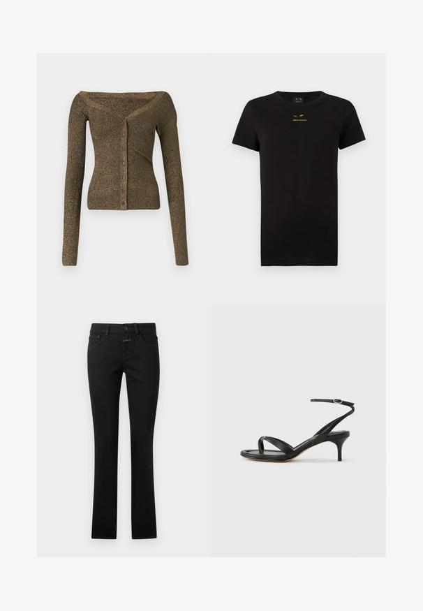 Af- skulderen, langærmet cardigan i metallisk olivengrøn strik, med knapfront og ribbet tekstur. Slim fit med subtil glans.; Sort kortærmet T-shirt lavet af bomuld. Har et trykt guldlogo på brystet. Klassisk runde hals design. Blød tekstur.; Sort jeans lavet af denim, med en tætsiddende design, knaplukning og traditionel fem-lomme stil. Glat tekstur med let stræk.; Sort damesandal i læder med tynde remme, en tå-loop, ankelspænde og en mellemhøj stiletthæl på en neutral baggrund.