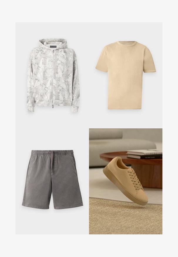 Sweat à capuche gris clair avec un motif inspiré de la nature. Comprend une fermeture éclair devant, deux poches et des poignets côtelés. Texture douce.; T-shirt beige en coton à manches courtes et col rond avec une coupe décontractée et des détails de couture subtils sur un fond clair.; Shorts décontractés gris avec taille élastique et cordon, poches avant et coupe décontractée, présentés à plat sur un fond clair.; Baskets beiges à lacets flottant au-dessus d'un tapis texturé avec une table basse en bois et des livres empilés en arrière-plan flou.