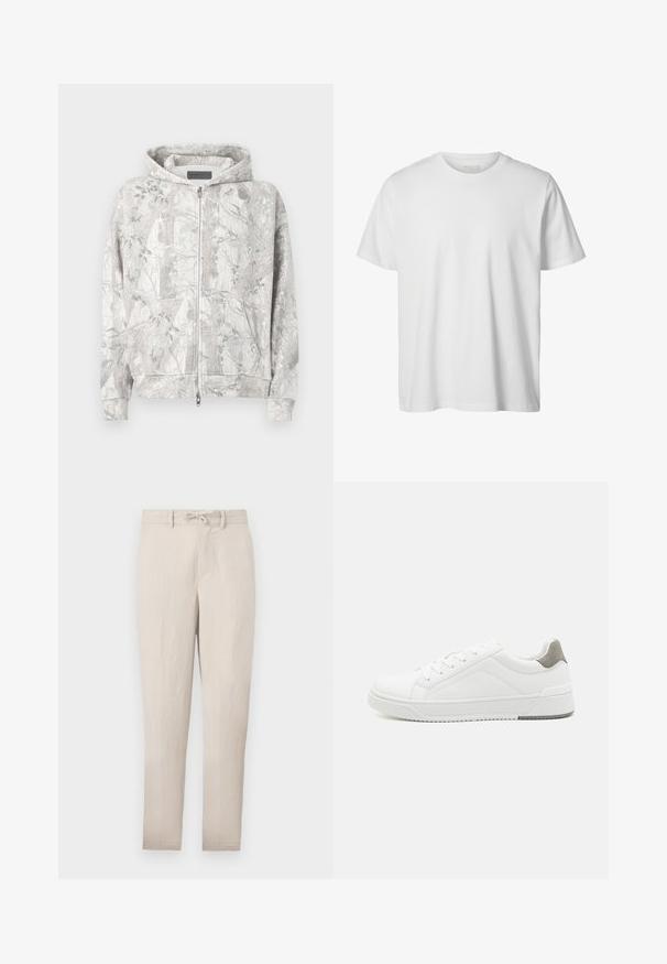 Sudadera con capucha en gris claro con un patrón inspirado en la naturaleza. Cuenta con cremallera frontal, dos bolsillos y puños acanalados. Textura suave.; Camiseta blanca lisa de manga corta con cuello redondo, corte holgado y sin logos o diseños visibles en el frente.; Pantalones tapered ligeros en color beige con cintura ajustable, frontales lisos y mínimas arrugas. Presentan pasadores para cinturón y bolsillos laterales.; Zapatilla blanca con material de cuero liso, punta redonda, diseño minimalista, acento gris en el talón y suela de goma texturizada.