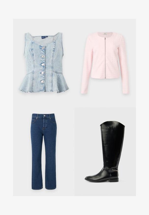 Lichtroze, doorgestikte jas met lange mouwen, een zilveren ritssluiting aan de voorkant en een ronde hals, getoond tegen een effen achtergrond.; Lichtblauwe denim peplumtop met een ronde halslijn, zes zilveren drukknoopjes en gestikte details overal.; Blauwe rechte spijkerbroek met vijf zakken, riemlussen, knoopsluiting en zichtbare stiksel details.; Hoge zwarte leren laars met een puntige neus, lage hak en zilverkleurig metalen detail bij de enkel, afgebeeld op een effen witte achtergrond.