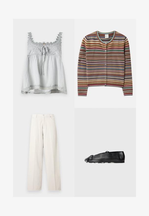 Cárdigan a rayas con cuello redondo, que presenta rayas horizontales multicolores en rojo, marrón, azul verdoso y amarillo, y cinco botones en la parte delantera.; Top de tela gris con ribete de encaje y detalles decorativos. Presenta un lazo en la parte delantera y una forma suelta y fluida. Tirantes finos.; Pantalones anchos color blanco roto con trabillas para cinturón, botón frontal, cierre de cremallera y bolsillos laterales, exhibidos sobre un fondo claro y liso.; Zapato plano de cuero negro con punta redondeada, que presenta un detalle decorativo de lazo en la parte delantera. Textura suave y diseño sencillo.