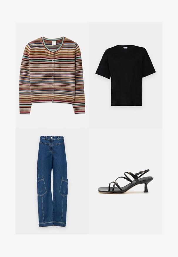 Cardigan rayé avec un col rond, présentant des rayures horizontales multicolores en rouge, brun, bleu-vert et jaune, et cinq boutons à l'avant.; T-shirt noir à manches courtes, coupe décontractée, en tissu doux, avec un col rond et sans motifs ni accents marquants.; Pantalons cargo en denim bleu avec une taille haute, une jambe large, deux grandes poches latérales et des détails de rivets et de coutures traditionnels.; Sandales à strapes en cuir verni noir avec un bout carré et un petit talon carré. Présente des accessoires en métal doré et des brides de cheville réglables.