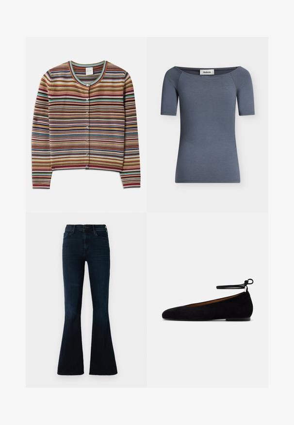 Gestreifter Cardigan mit Rundhalsausschnitt, der mehrfarbige horizontale Streifen in Rot, Braun, Teal und Gelb aufweist, sowie fünf vordere Knöpfe.; Kurzärmliges, figurbetontes Damenoberteil in Dunkelgrau mit weitem, leicht schulterfreiem Ausschnitt und sichtbarem Markenlabel am Innensaum.; Dunkelblaue Schlagjeans aus Denim mit hoher Taille, normalen Taschen und leichter Ausbleichung des Stoffes.; Schwarzer flacher Schuh aus Wildleder mit abgerundeter Spitze, dünnem Knöchelriemen, der zu einer Schleife gebunden ist, und niedrigem Absatz auf hellem einfarbigem Hintergrund.