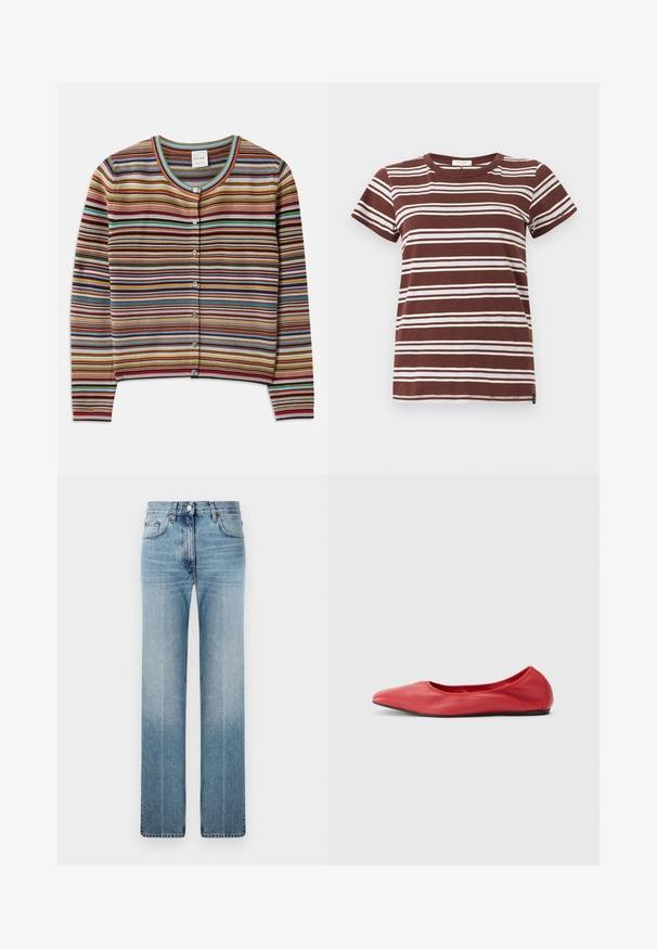 Stribet cardigan med rund hals, der har multikolor vertikale striber i rød, brun, teal og gul samt fem forreste knapper.; Brun stribet t-shirt med horisontale hvide striber, korte ærmer og en klassisk rund halsudskæring lavet af blød bomuld.; Lysblå lige ben jeans lavet af denim, med subtil falmning, klassisk fem-lomme design og en metalknaplukning i taljen.; Filippa K REY FLATS - Ballerinasko - bright red