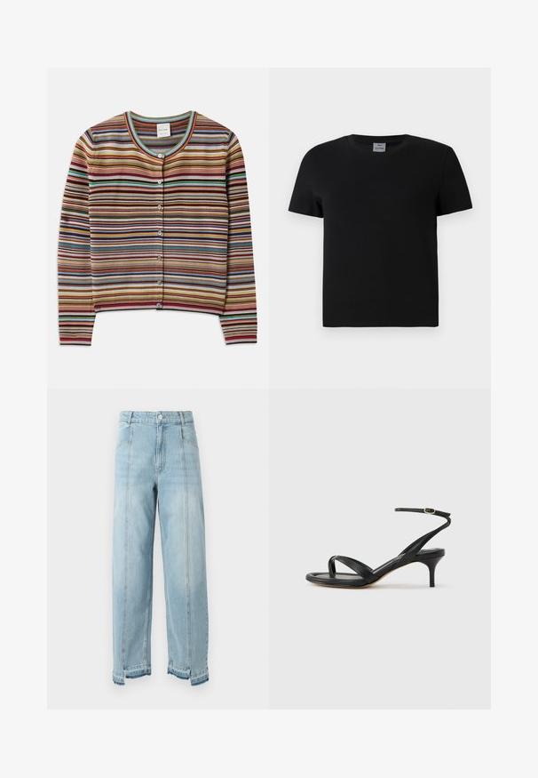 Cardigan rayé avec un col rond, présentant des rayures horizontales multicolores en rouge, brun, bleu-vert et jaune, et cinq boutons à l'avant.; T-shirt en coton noir avec un col ras du cou et des manches courtes. Design simple, sans motifs ni accents, avec une coupe droite à la taille.; Jean en denim bleu clair avec jambes larges, taille haute et ourlet effiloché. Comprend deux poches avant et des coutures visibles le long des coutures.; Sandale pour femme en cuir noir avec fines lanières, une boucle d'orteil, une boucle à la cheville et un talon aiguille de hauteur moyenne sur un fond neutre.