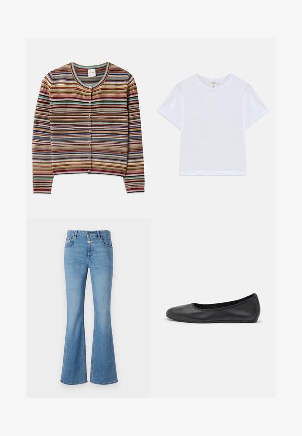 Cardigan rayé avec un col rond, présentant des rayures horizontales multicolores en rouge, brun, bleu-vert et jaune, et cinq boutons à l'avant.; T-shirt blanc court en coton doux, avec un col rond et des manches courtes, d'ajustement légèrement décontracté. Pas de motifs ni d'accents.; CLOSED JOVANNA - Jean bootcut - light blue; Ballerines en cuir noir avec un bout rond, texture lisse, détails de couture minimalistes et design de semelle flexible.