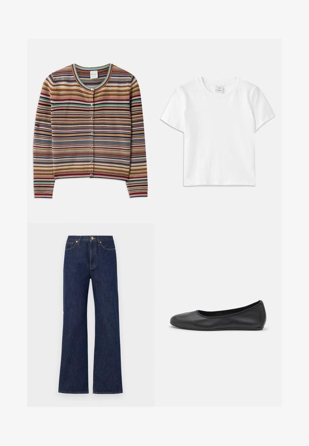 Stribet cardigan med rund hals, der har multikolor vertikale striber i rød, brun, teal og gul samt fem forreste knapper.; Hvid bomulds-t-shirt med rund hals, korte ærmer og lige kant. Mærke med teksten "Won Hundred" placeret i midten af halsudskæringen.; Mørkeblå vidde jeans lavet af denim. Har en knaplukning, forlommer og kontrasterende syninger. Ren, klassisk design.; Sort læderballetsko med rund tå, glat tekstur, minimal syning og et fleksibelt såldesign.