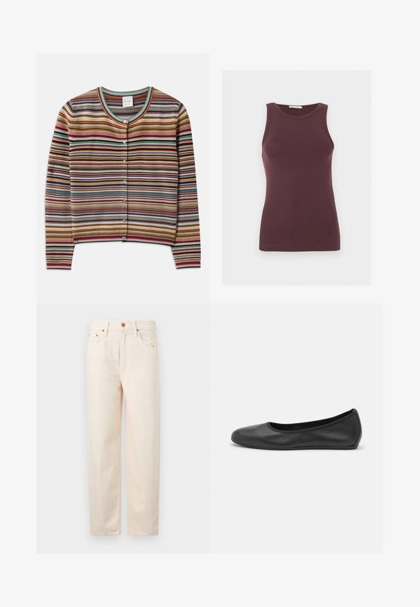 Stribet cardigan med rund hals, der har multikolor vertikale striber i rød, brun, teal og gul samt fem forreste knapper.; Ærmeløs mørkelilla tætsiddende tanktop med rund halsudskæring og subtilt logo nær kanten, vist på en ensfarvet lys baggrund.; Beige højtaljede jeans lavet af bomuld. Har fem lommer, en knap- og lynlåslukning, lige ben og diskret sømdetalje.; Sort læderballetsko med rund tå, glat tekstur, minimal syning og et fleksibelt såldesign.