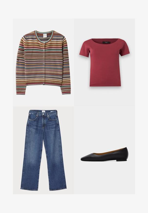 Stribet cardigan med rund hals, der har multikolor vertikale striber i rød, brun, teal og gul samt fem forreste knapper.; Korte ærmer, mørk rosenrød dametop med bred rund hals og tætsiddende pasform, lagt fladt på en hvid baggrund.; Citizens of Humanity ANNINA - Jeans Straight Leg - westwood dark indigo; Sort læder flad sko med spids tå, lav hæl og glat finish, vist fra siden på en lysegrå baggrund.