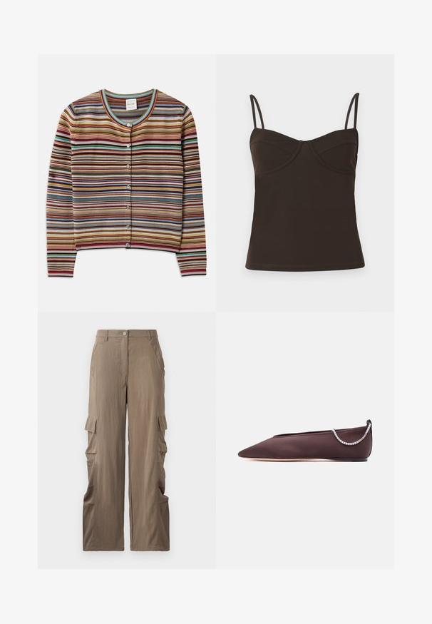 Cardigan rayé avec un col rond, présentant des rayures horizontales multicolores en rouge, brun, bleu-vert et jaune, et cinq boutons à l'avant.; CLOSED Débardeur - marsh green; Pantalons cargo en tissu beige clair, avec une coupe droite, deux poches latérales et deux poches cargo sur les cuisses.; Chaussure plate marron foncé à bout pointu avec un petit talon et un détail chaîne en strass argentée à l'arrière.