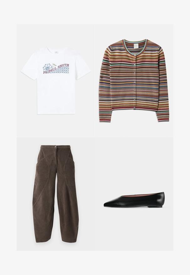 Streepjessweater met een ronde hals, voorzien van multikleurige horizontale strepen in rood, bruin, teal en geel, en vijf knopen aan de voorkant.; Witte katoenen t-shirt met een kleurrafische afbeelding van een reuzenrad en een achtbaan, met de tekst "PS Paul Smith" in rood en blauw.; Bruine wide-leg corduroy broeken met hoge taille, ritssluiting aan de voorkant en schuine naaddetails op de benen.; Zwarte leren damesschoen met platte zool, puntige neus en lage hak, zijwaarts afgebeeld tegen een effen lichtgrijze achtergrond.