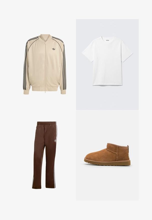 Beige zip-jakke med sorte accenter, der har to sidelommer, ribbede manchetter og tre sorte striber langs ærmerne.; Hvid kortærmet crewneck T-shirt lagt fladt ud, ensfarvet design, med "WEEKDAY" mærkat inde i kraven på en lys baggrund.; Brune atletiske bukser lavet af glat stof, med hvide sidelister og elastisk talje. Inkluderer lommer på begge sider.; Sandal mellemhøje støvler i tan ruskind med en rund tå, subtile syninger og en tekstureret gummisål. Kort højde uden snørebånd.