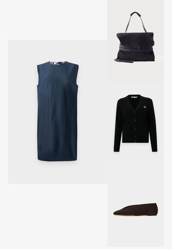 Sort cardigan lavet af blødt materiale, med v-udskæring, knapfront, to forlommer og et lille broderet ræv-design på brystet.; Marineblå ærmeløs kjole i et glat stof, med rund halsudskæring, let a-line form og skjulte sidelommer.; Mørkebrune ruskindssko med flad kyst og spids snude samt lav hæl, vist fra siden på hvid baggrund.; Sort ruskindshåndtaske med foldet klap, topstrop, justerbar tynd rem og bælte-detalje rundt om midten på en ensfarvet baggrund.