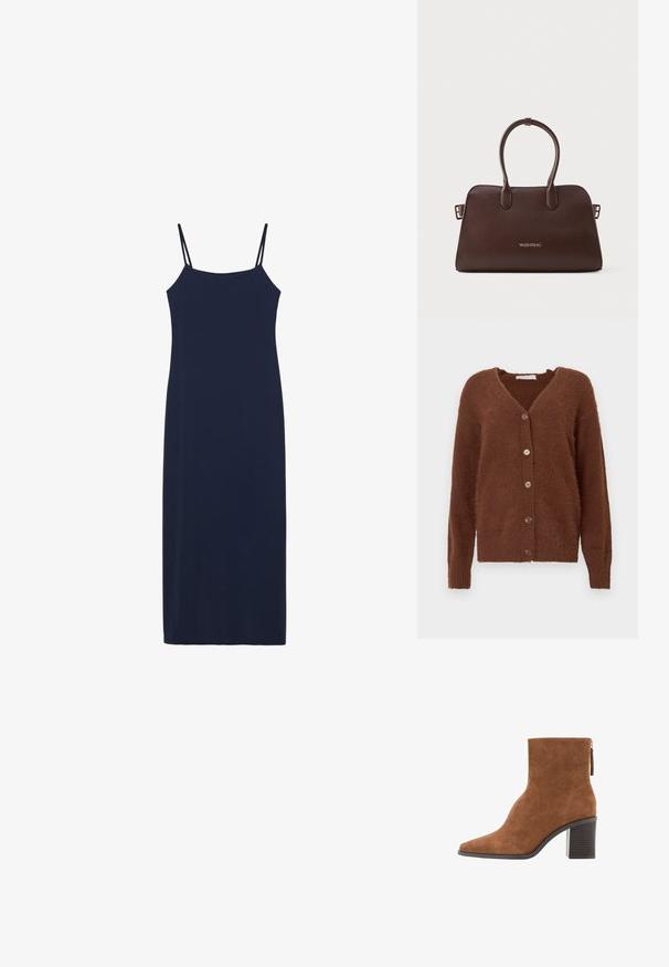 Braune, strukturierte Strickjacke mit V-Ausschnitt, langen Ärmeln und sechs braunen Knöpfen an der Vorderseite. Weicher, gemütlicher Stoff mit geripptem Saum und Bündchen.; Marineblaues ärmelloses Maxikleid mit dünnen Spaghetti-Trägern und gerade geschnittenem Ausschnitt, auf weißem Hintergrund dargestellt.; Braune Wildleder-Ankle Boots mit spitzer Zehe, Blockabsatz und Reißverschluss auf der Rückseite.; Braune Lederhandtasche mit strukturiertem Design, doppelten, runden Griffen, goldenen Branding und eleganter, minimalistischem Stil.