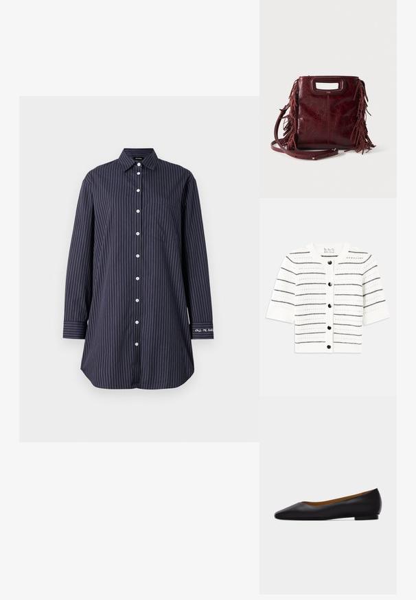 Gilet blanc à manches courtes avec des rayures horizontales noires, doté d'un col rond, de fermetures à boutons et de détails en tricot ouvert.; Chemise à boutons navy avec des rayures verticales, manches longues, col classique, poche poitrine unique et détail textuel sur la manche.; Chaussure plate en cuir noir à bout pointu avec talon bas et finition lisse, vue de côté sur un fond gris clair.; Sac à main carré en cuir bordeaux avec poignée découpée, détails de franges latérales et bandoulière réglable sur fond uni.