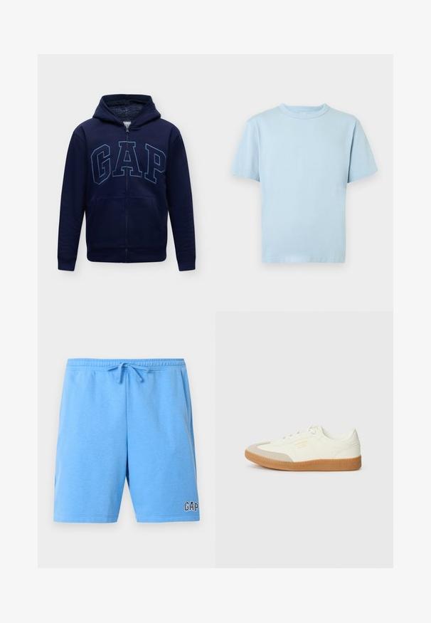 Sweat à capuche zippé bleu marine avec doublure intérieure douce, poches avant et grande inscription "GAP" sur la poitrine.; T-shirt en coton bleu clair à manches courtes et col rond, présenté de face sur un fond blanc.; Shorts décontractés bleu clair avec taille élastique et cordon, avec un petit logo "GAP" sur la partie inférieure de la jambe droite.; Baskets en cuir blanc avec une coque beige et une semelle en caoutchouc marron clair. Dotées de lacets blancs plats et d'un logo embossé sur le côté.