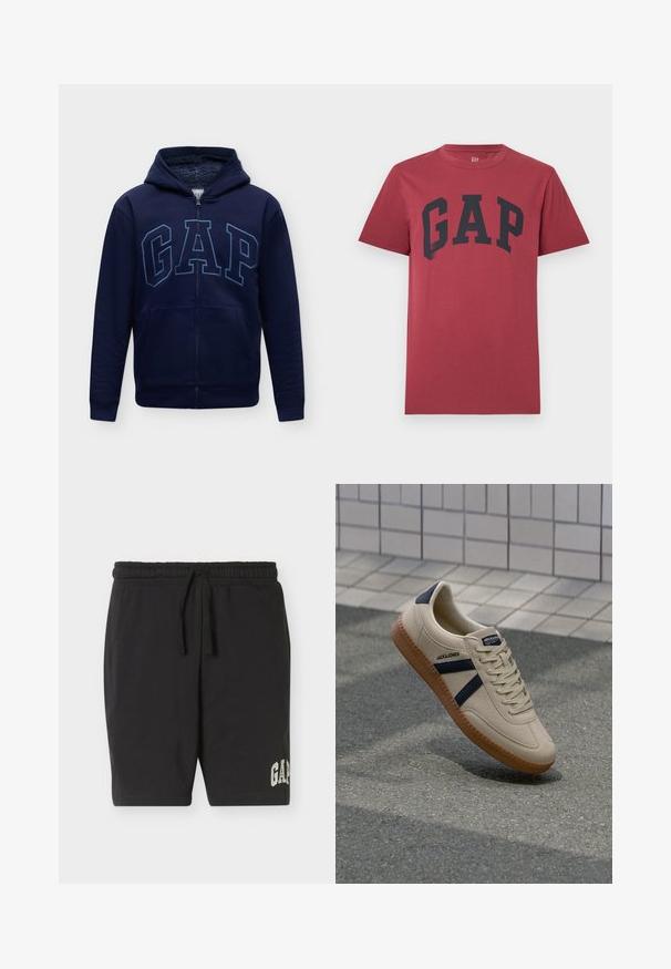 Sweat à capuche zippé bleu marine avec doublure intérieure douce, poches avant et grande inscription "GAP" sur la poitrine.; T-shirt rouge à manches courtes avec col rond et grand texte noir "GAP" centré sur la poitrine.; Shorts noirs à taille élastique avec un cordon de serrage et le logo "GAP" imprimé près de l'ourlet gauche, présentés sur un fond uni clair.; Baskets beiges avec une finition texturée, bandes navy et semelle en caoutchouc. Équipées d'une languette rembourrée et d'un système de laçage traditionnel pour un maintien sécurisé.