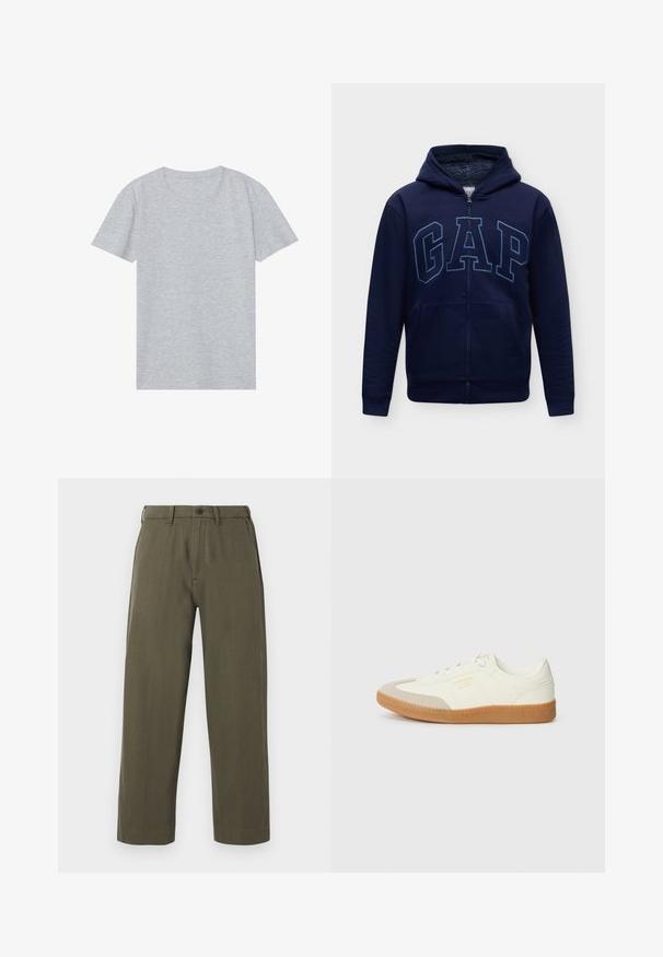 Sweat à capuche zippé bleu marine avec doublure intérieure douce, poches avant et grande inscription "GAP" sur la poitrine.; T-shirt gris à manches courtes en mélange de coton doux, avec un col rond classique et une texture lisse et légère.; Pantalon droit vert olive avec passants de ceinture, fermeture avant à boutons et poches latérales, présenté sur un fond blanc.; Baskets en cuir blanc avec une coque beige et une semelle en caoutchouc marron clair. Dotées de lacets blancs plats et d'un logo embossé sur le côté.