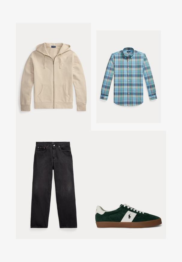 Sudadera beige con cremallera, bolsillos delanteros y capucha con cordón, con etiqueta de Polo Ralph Lauren y logo bordado en el pecho.; Camisa abotonada con patrón de cuadros en azul y verde, con mangas largas, cuello y un pequeño logo en el pecho. Tejido de mezcla de algodón.; Vaqueros negros de corte recto con cinco bolsillos, cierre de botón y remaches metálicos visibles en los bolsillos delanteros.; Zapatilla deportiva de ante verde oscuro con franja lateral blanca, cordones blancos, suela marrón y logo de Polo Ralph Lauren en el lateral y el talón.