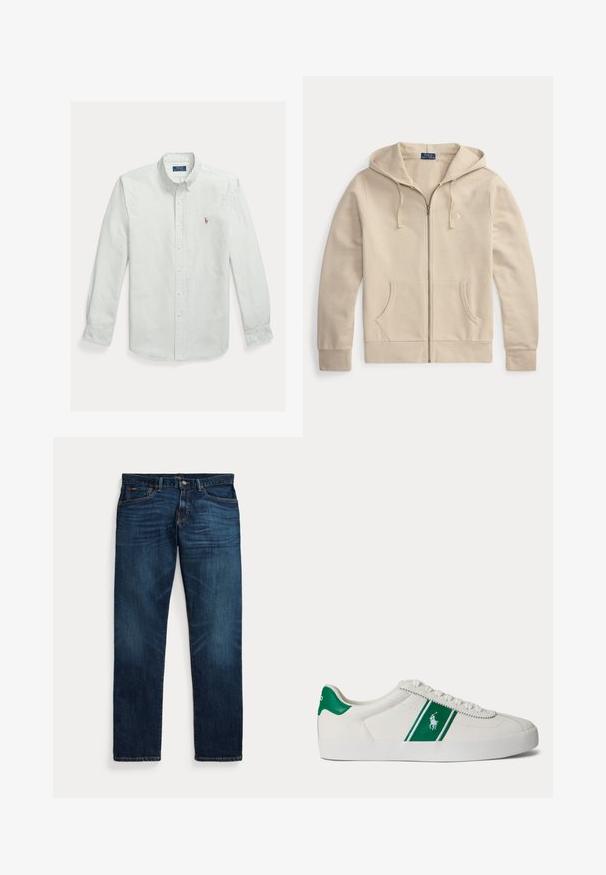 Beezipiga kapuutsiga pusa ees taskute ja nööriga kapuuts, mis kannab Polo Ralph Laureni sildiga rinnal tikitud logo.; Helerohelist ja valgetriibuline nööbitav puuvillane särk, millel on klassikaline krae ja väike tikandiga logo rinnal.; Tumed sinise teksaseid, mis on reitel ja taskutel kergelt pleekinud, nööbi ja luku sulgemisega ning viie taskuga, tasapinnal valgel taustal.; Valge madala säärega toss roheline triibu ja Polo logoga küljel, rohelise kandmisega ja valgete paeltega, esitatud vasakult küljelt lihtsal taustal.
