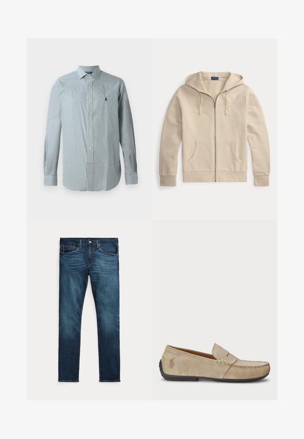 Beigen värinen vetskarillinen huppari etutaskuilla ja kiristysnyörillisellä hupulla, jossa Polo Ralph Lauren -etiketti ja rintakehällä brodeerattu logo.; Vaaleansininen ja valkoinen ruudullinen kauluspaita, pitkät hihat, klassinen kaulus, jossa on pieni brodeerattu logo rinnassa.; Tummansiniset slim-fit-farkut, joissa edessä nappi ja vetoketju, viisi taskua ja hillitty haalistuma edessä reisissä ja polvissa.; Beige mokasíny z semišu s prešívaním, plochou gumovou podrážkou a malým logom na boku. Klasický dizajn na obutie, jemná textúra.