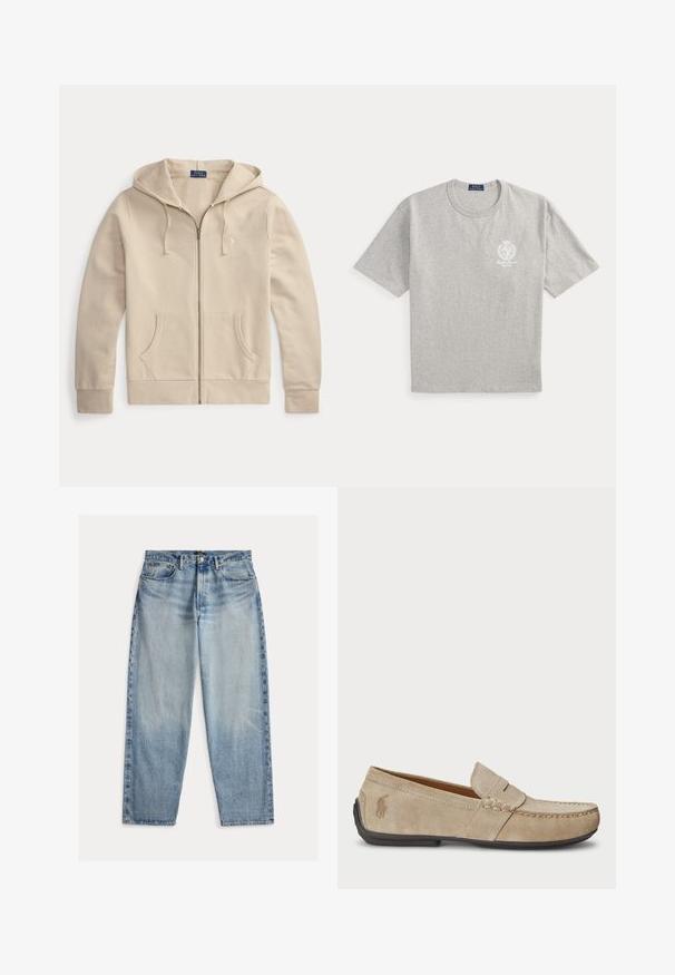 Sudadera beige con cremallera, bolsillos delanteros y capucha con cordón, con etiqueta de Polo Ralph Lauren y logo bordado en el pecho.; Camiseta de manga corta gris claro con un pequeño logo blanco de Polo Ralph Lauren y escudo en el pecho izquierdo, y una etiqueta azul de la marca en el interior del cuello.; Vaqueros de mezclilla azul claro con un corte holgado. Presentan una cintura alta, cinco bolsillos y costuras visibles. La superficie es ligeramente texturizada.; Mocasines de ante beige con detalle cosido, suela de goma plana y un pequeño logotipo en el lateral. Diseño clásico de slip-on, textura suave.