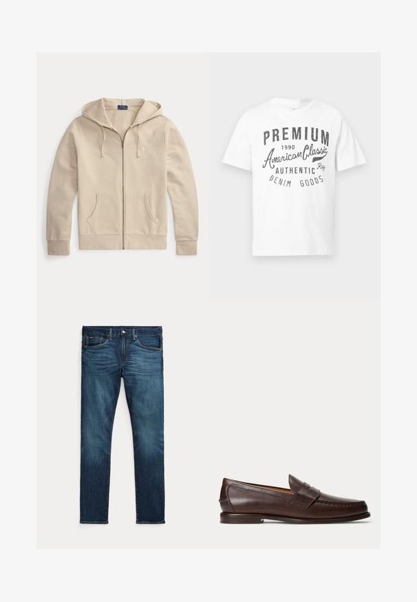 Beige hoodie met rits, voorzakken en trekkoord in de capuchon, met Polo Ralph Lauren-label en geborduurd logo op de borst.; Wit katoenen T-shirt met zwarte opdruk met de tekst "PREMIUM American Classic 1990 AUTHENTIC DENIM GOODS." Korte mouwen, standaard pasvorm.; Donkerblauwe slim-fit jeans met vooraan een knoop en ritssluiting, vijf zakken en subtiel vervagen op de voorkant van de dijen en knieën.; Donkerbruine leren penny loafer met stikseldetails en lage gestapelde hak, van opzij gezien op een effen achtergrond.