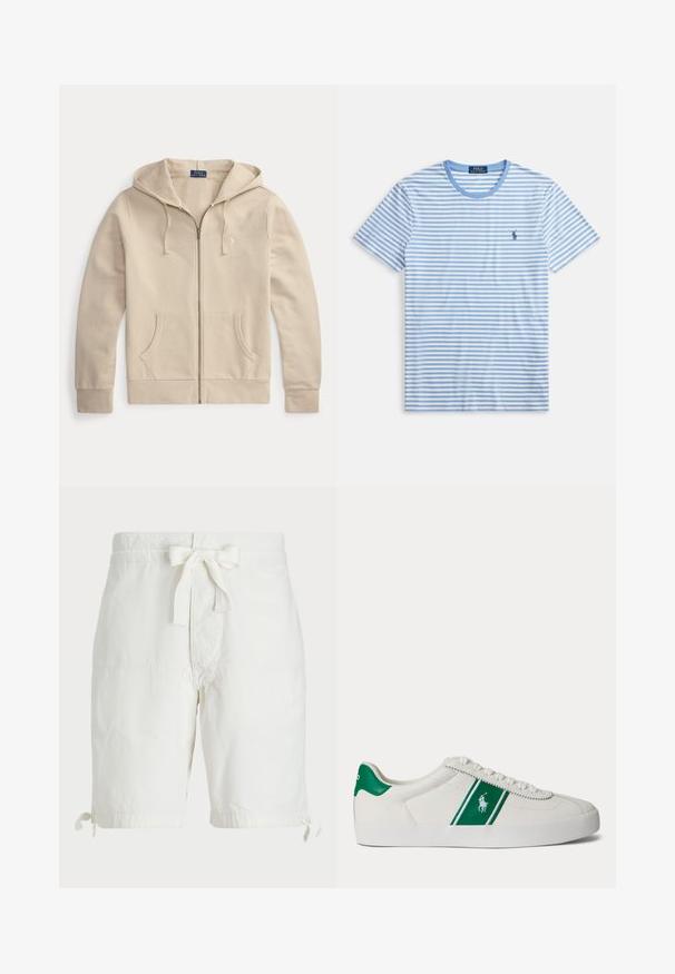Beige lynlåstrøje med frontlommer og snøre i hætten, med Polo Ralph Lauren-mærke og broderet logo på brystet.; Stribet t-shirt i lyseblå og hvid, korte ærmer, rund hals, med en lille broderet logo på venstre bryst. Bomuldsstof.; Hvide bomuldsshorts med en snøre i taljen, opfoldet kant med snørebånd og flade forlommer. Glat, let stofstruktur.; Hvid low-top sneaker med grøn stribe og Polo-logo på siden, grøn hæl-flik og hvide snørebånd, vist fra venstre side på ensfarvet baggrund.