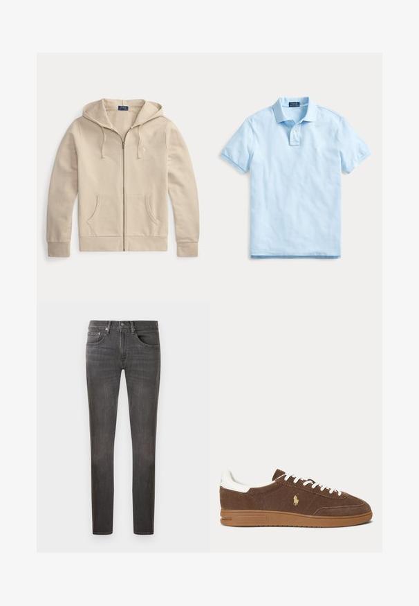 Beiger Kapuzenpullover mit Reißverschluss, Fronttaschen und Kordelzug an der Kapuze, mit Polo Ralph Lauren Etikett und gesticktem Logo auf der Brust.; Hellblaues Polo Ralph Lauren Kurzarm-Shirt mit Kragen, Zwei-Knopf-Leiste und dezent gesticktem Logo auf der Brust.; Dunkelgraue Denim-Jeans mit klassischer Passform, fünf Taschen-Design und subtilen Waschungseffekten, mit Knopfverschluss und Reißverschluss.; Brauner Wildleder-Sneaker mit weißen Schnürsenkeln und Ferse, Gummisohle und goldenem Ralph Lauren Pferdelogo an der Seite.