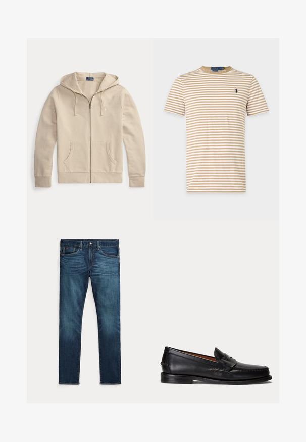 Beige lynlåstrøje med frontlommer og snøre i hætten, med Polo Ralph Lauren-mærke og broderet logo på brystet.; Beige og hvide stribet T-shirt med korte ærmer og rund halsudskæring med lille mørkt broderet logo på venstre bryst.; Mørkeblå slim-fit jeans med frontknap og lynlås, fem lommer og subtil falmen på forreste lår og knæ.; Sort læderloafer med lav hæl og pennyremdetalje, vist fra siden på en lysegrå baggrund.