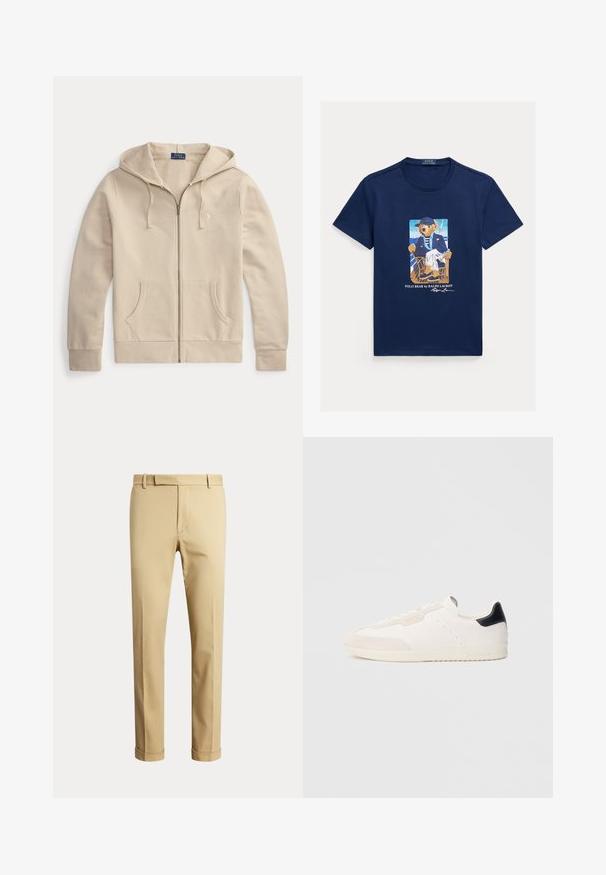 Beiger Kapuzenpullover mit Reißverschluss, Fronttaschen und Kordelzug an der Kapuze, mit Polo Ralph Lauren Etikett und gesticktem Logo auf der Brust.; Dunkelblaues T-Shirt mit einer Grafik eines Bären in gestreiftem Blazer, weißen Hosen und Mütze, der auf einem Stuhl auf einem Bootsdeck sitzt.; Beige Herren-Anzughose mit Gürtelschlaufen und gekrempelten Säumen, vor einem schlichten hellen Hintergrund präsentiert.; Weiße Ledersneaker mit Wildlederakzenten, schwarzem Fersenlasche, Schnürdesign, perforierten Details und dezentem Branding an der Seite.