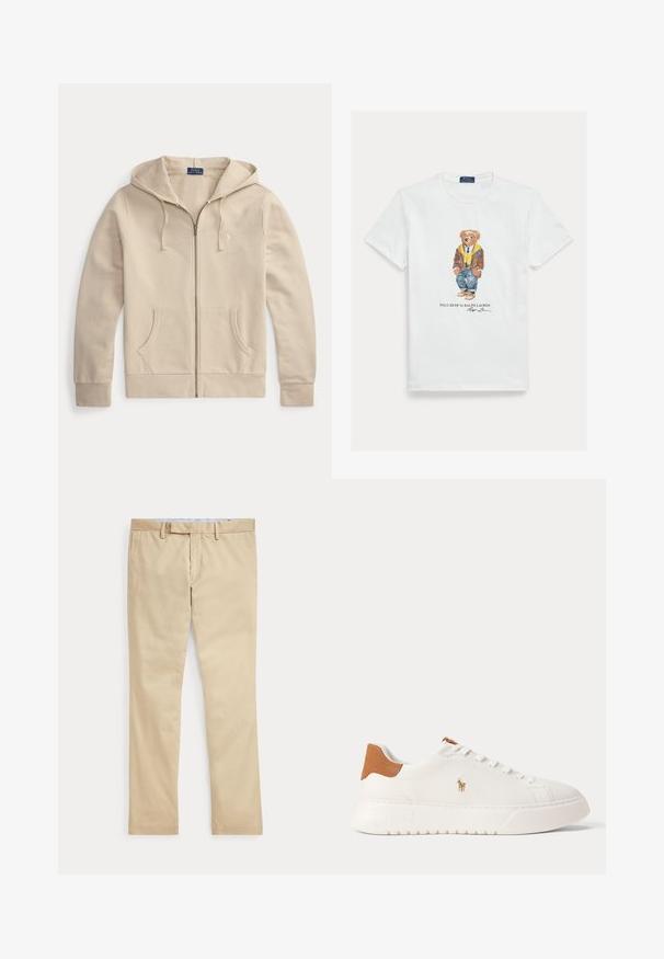 Beige hoodie met rits, voorzakken en trekkoord in de capuchon, met Polo Ralph Lauren-label en geborduurd logo op de borst.; Wit katoenen T-shirt met een afbeelding van een geklede cartoonbeer. Opvallende details zijn een bruine jas, gele hoodie en blauwe spijkerbroek.; Beige broek met rechte pijpen, ceintuurlussen en een voorrits, plat gelegd tegen een witte achtergrond.; Witte lage sneaker met beige hieltab, witte veters en klein geborduurd polo spelerlogo aan de zijkant boven een dikke zool.